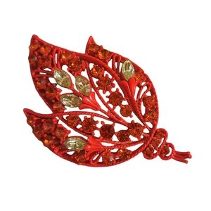 Vintage Orange Enamel and Rhinestone Brooch